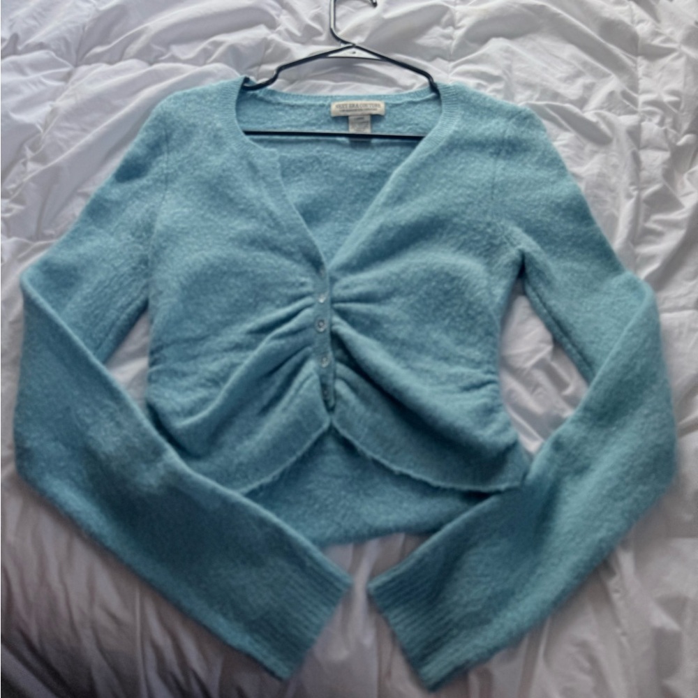 Cozy Sky Blue V-Neck Ruched Cardigan